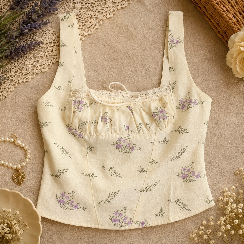 2bella Boutique Floral Lace Up Corset Top Cream Purple Cottagecore NWT Medium - Picture 2 of 12